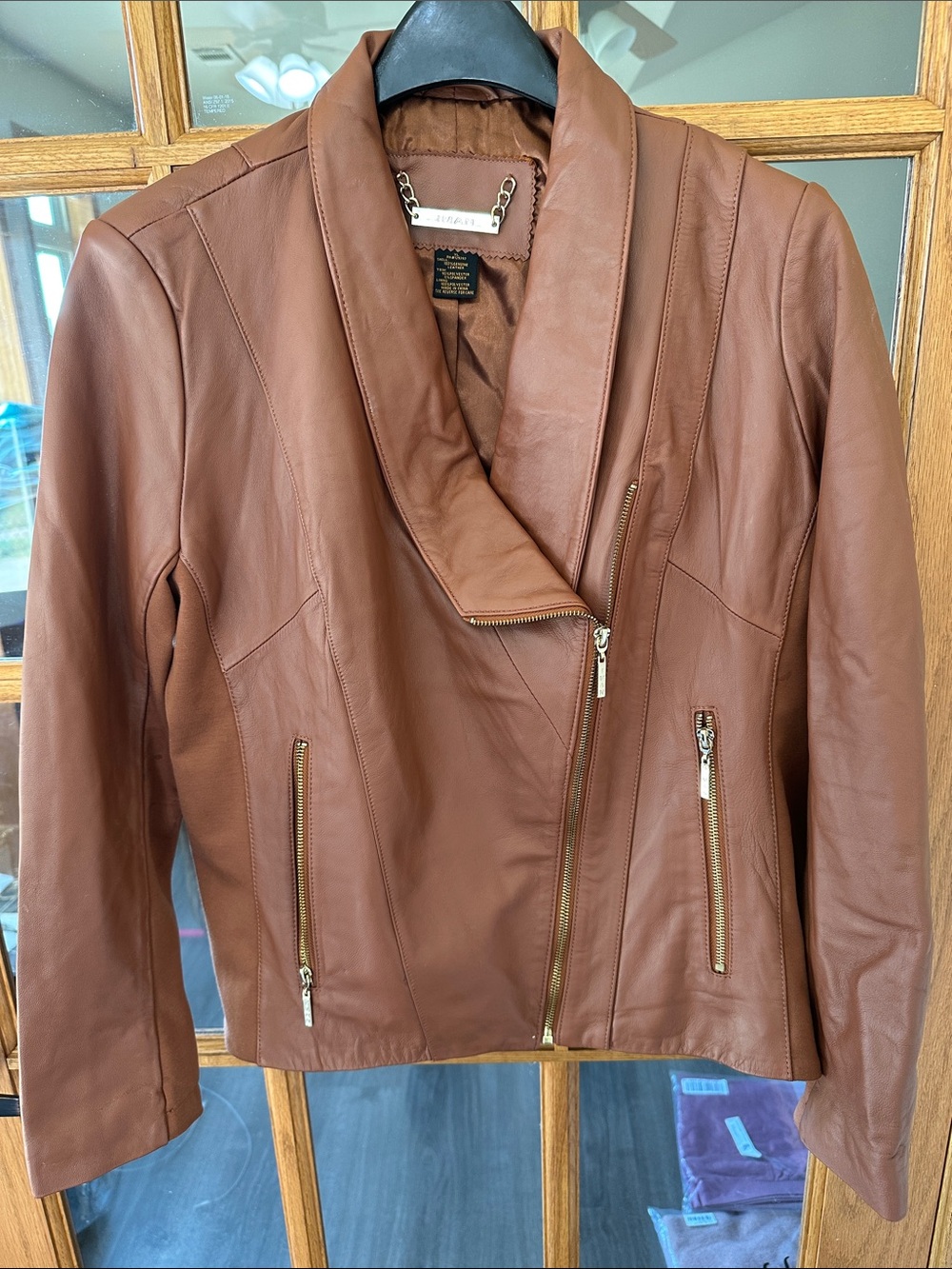 IMAN Cognac Brown Leather Asymmetric Zip Jacket